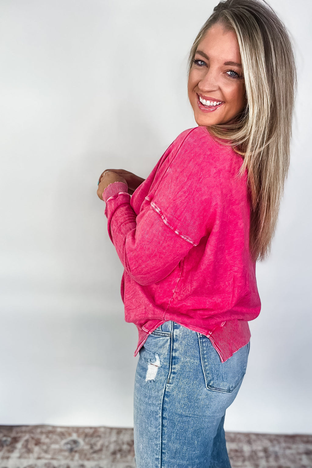 Easy Going - Long Sleeve Solid Knit Top - Fuchsia