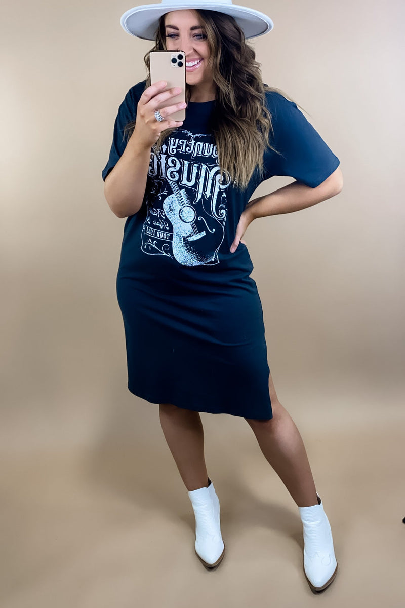 Shaded Forudsige tofu Country Music- Black Graphic T-Shirt Dress w/ Side Slits – Proverbs Boutique