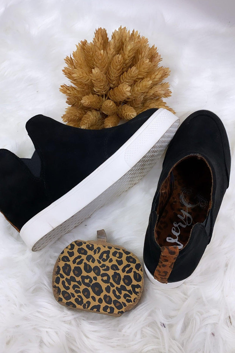 Can't Be Tamed- Black Wedge Sneakers w/ Leopard Detail