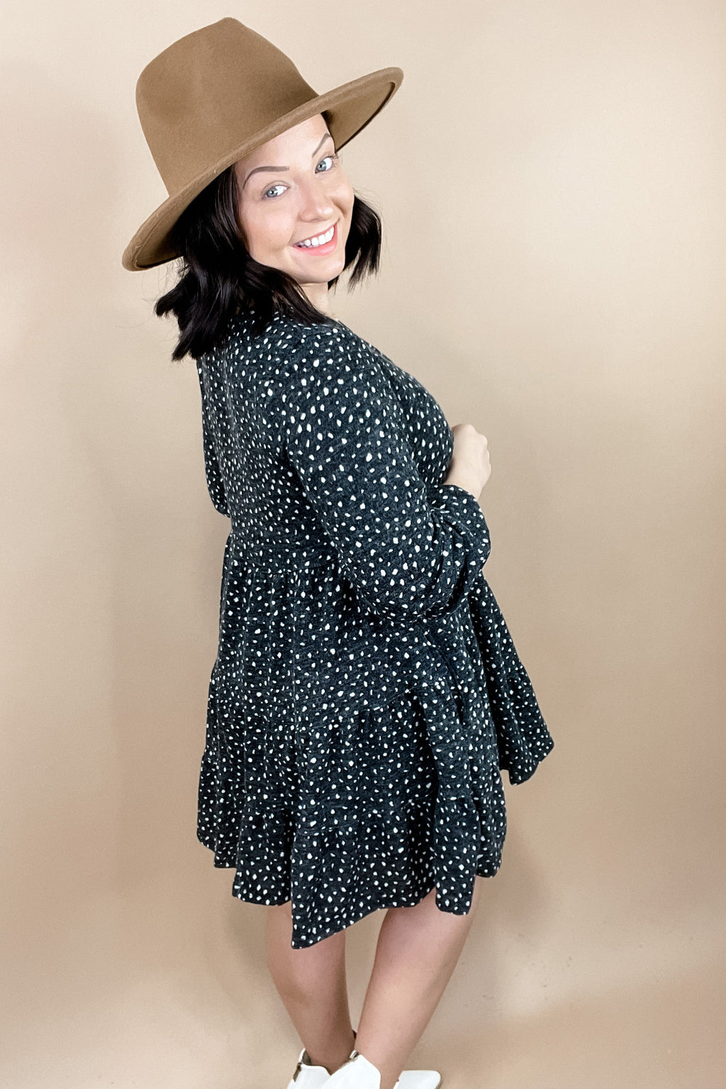 For The Moment- Charcoal & White Speckled Print Long Sleeve Button Up Dress