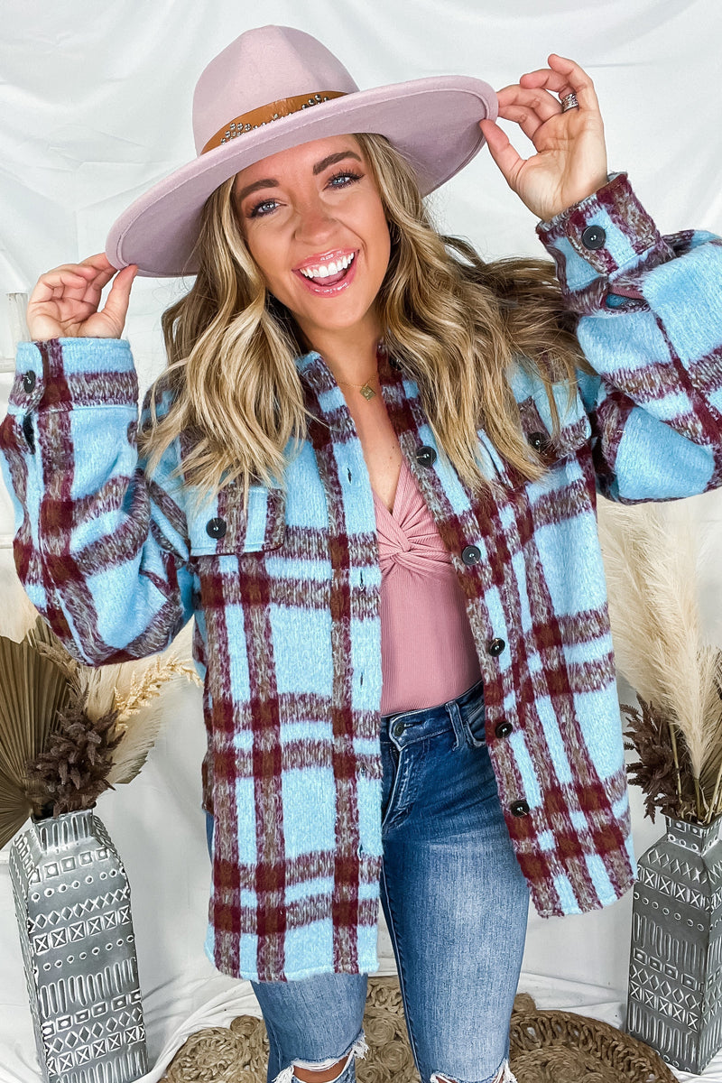 Check Yes - Oversized Blue Plaid Button Up Jacket