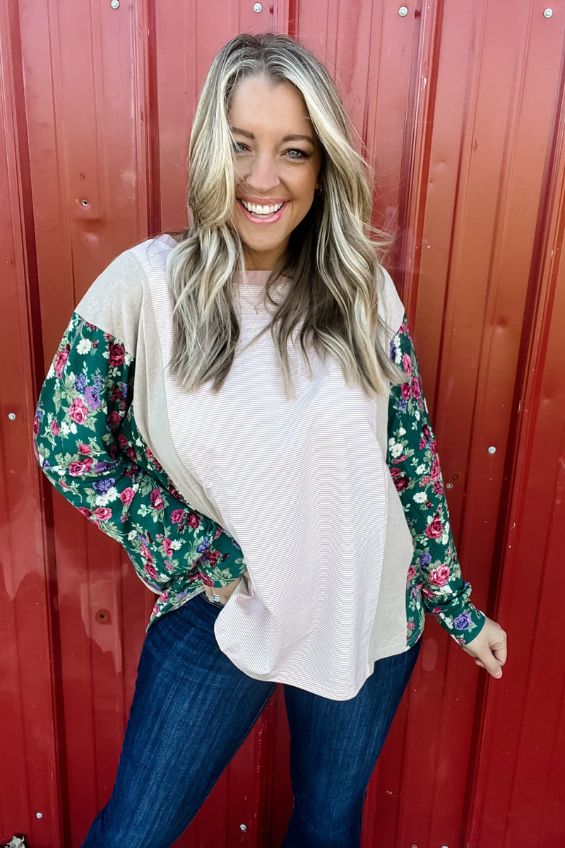 Festive Blooms - Stripe and Floral Color Block Long Sleeve Top