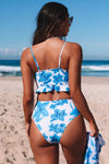 Sky Blue Tropical Ruffle High Waisted Swimsuit w/ Skirt