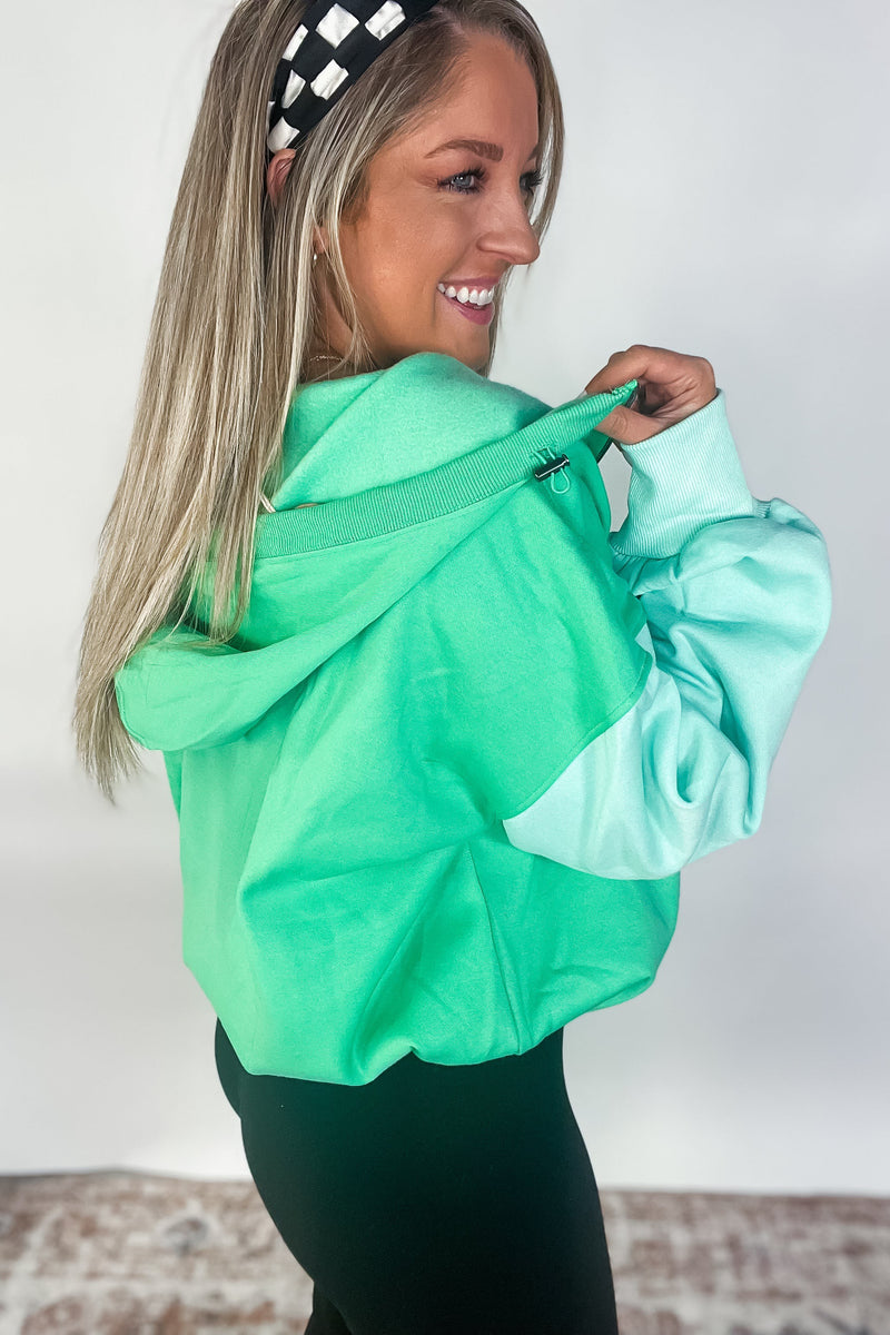 Color Block Hem Fleece Hoodie - Jade