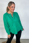 Brushed Melange Hacci Oversized Henley Sweater - Kelly Green