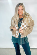 Coco Checkered Print Fur Jacket