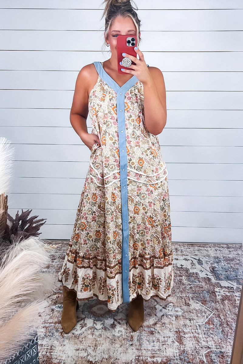 Follow Your Heart - Floral Border Printed V-neck Sleeveless Maxi Dress/Duster