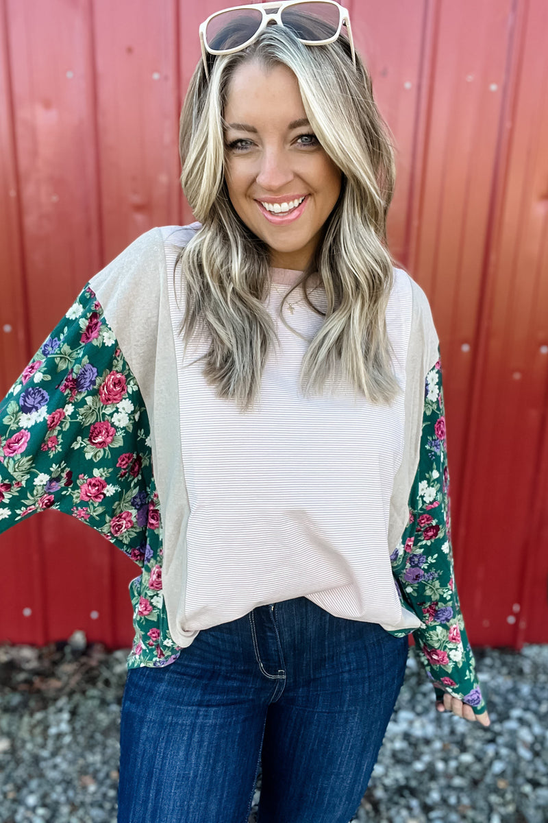 Festive Blooms - Stripe and Floral Color Block Long Sleeve Top