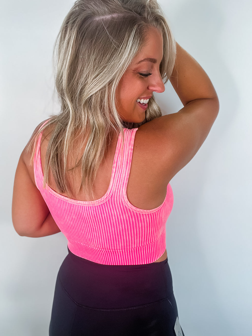 When and Where Reversible Ribbed Cropped Tank in Neon Coral Fuchsia