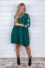 Embroidered Flowered Dress - Green