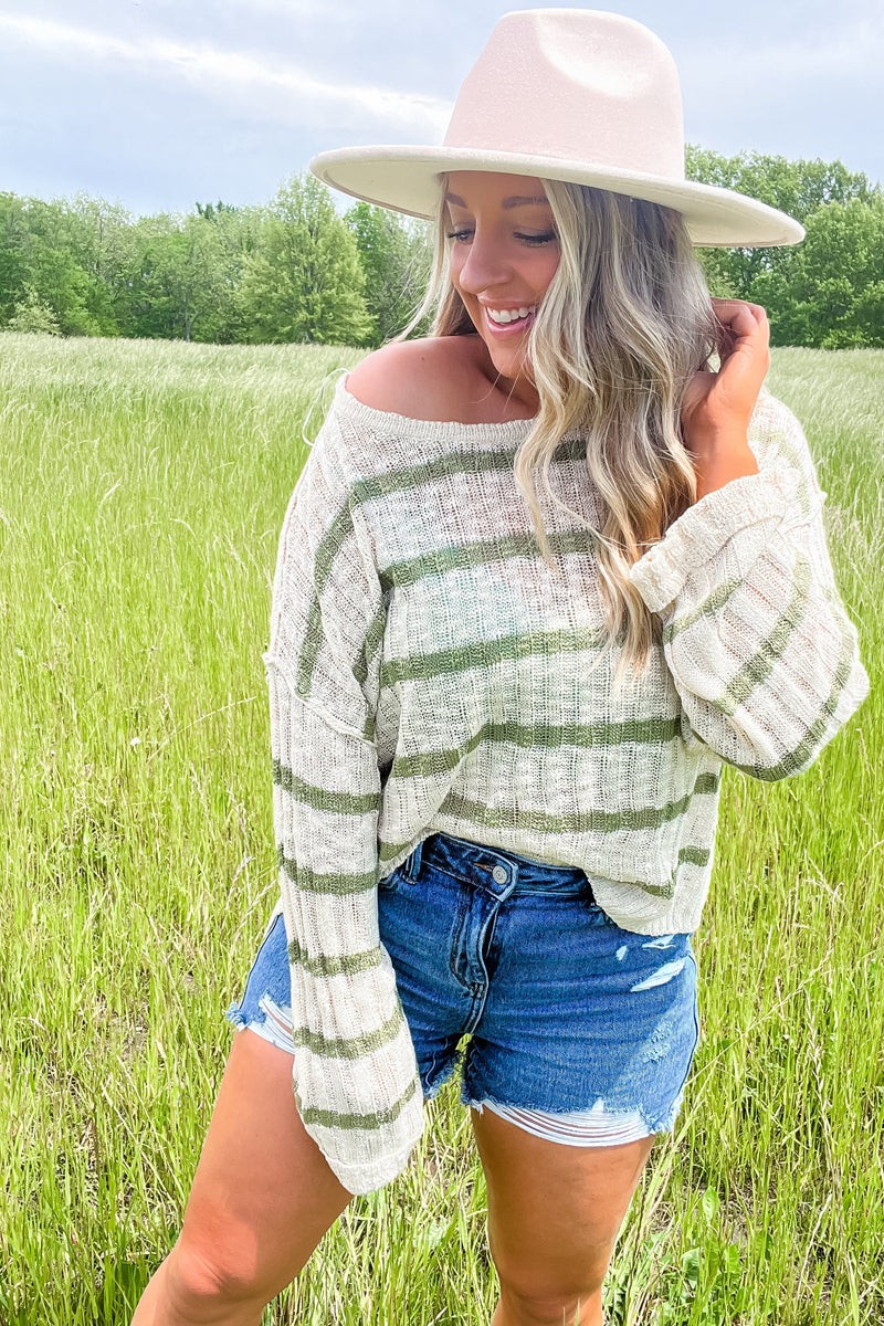 Knit It Right - Rib Texture Stripe Top - Cream & Olive