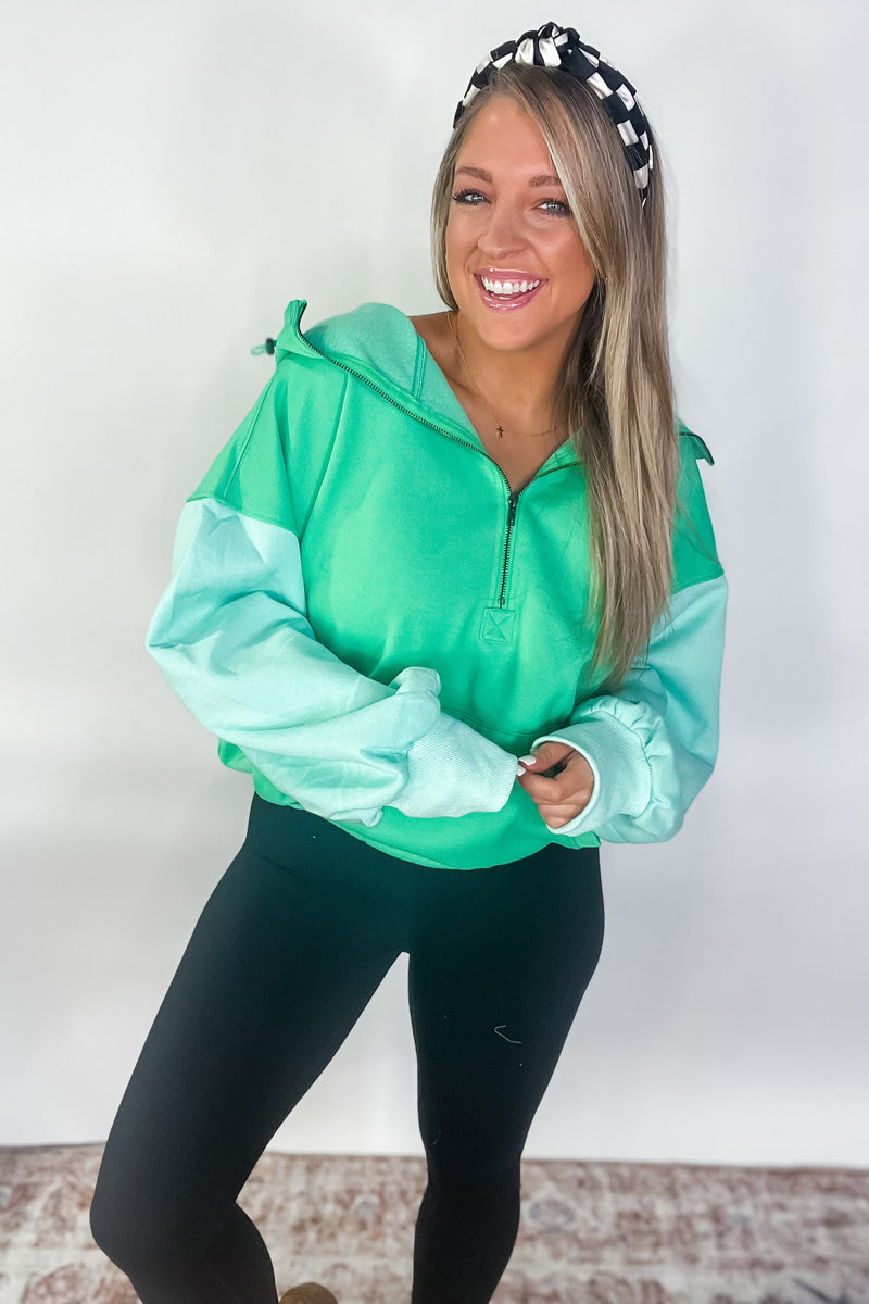 Color Block Hem Fleece Hoodie - Jade