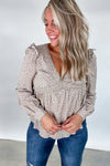 Flaunt Your Floral- Taupe Floral V-Neck Top w/ Lace Detail