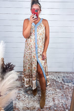 Follow Your Heart - Floral Border Printed V-neck Sleeveless Maxi Dress/Duster