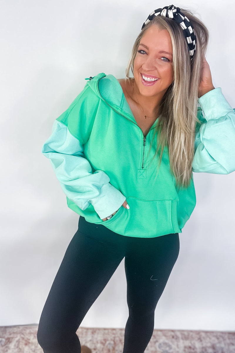 Color Block Hem Fleece Hoodie - Jade