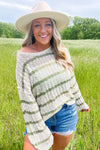 Knit It Right - Rib Texture Stripe Top - Cream & Olive