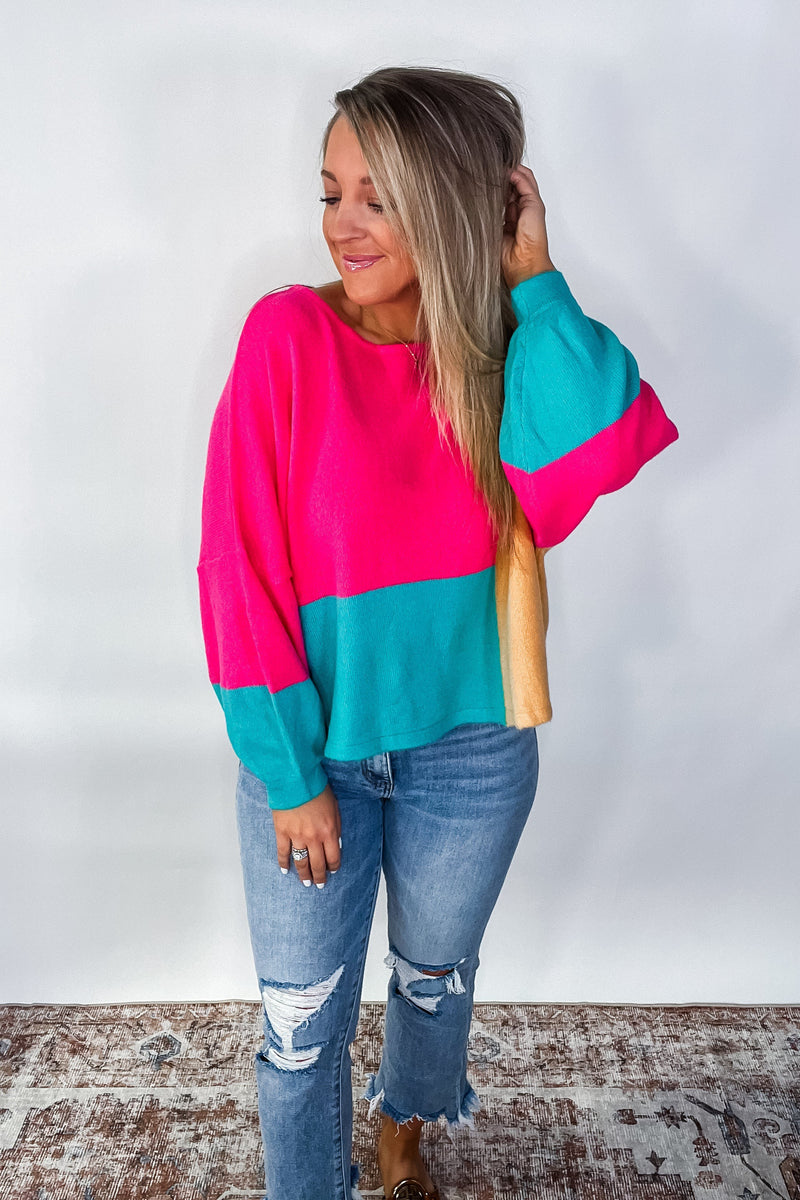 Loose Fit Color Block Sweater {Camel/Hot Pink/Jade}