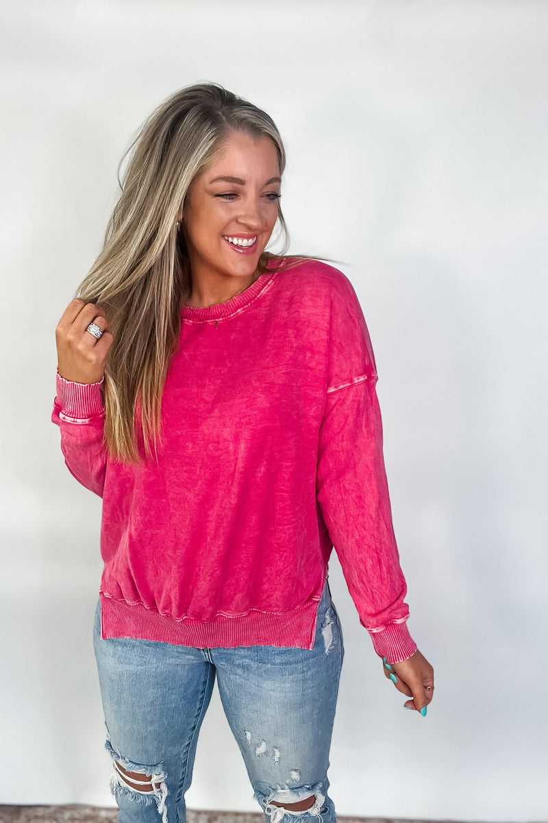 Easy Going - Long Sleeve Solid Knit Top - Fuchsia