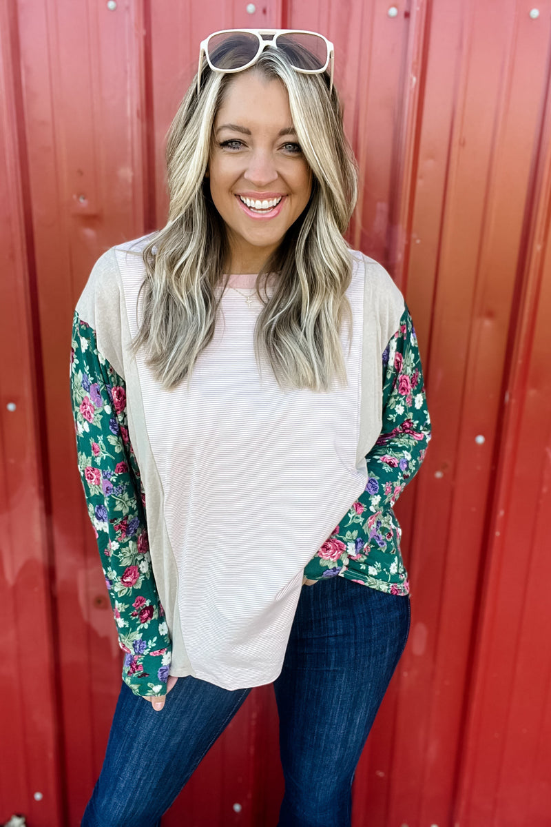 Festive Blooms - Stripe and Floral Color Block Long Sleeve Top