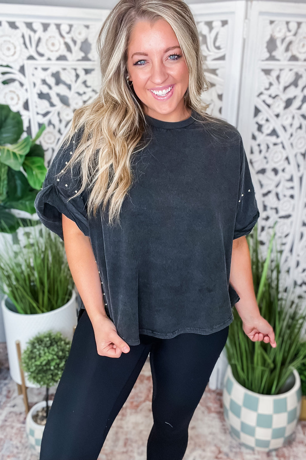 Livin' On The Edge - Studded Over sized High Low T Shirt - Black