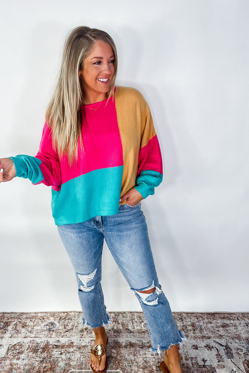 Loose Fit Color Block Sweater {Camel/Hot Pink/Jade}