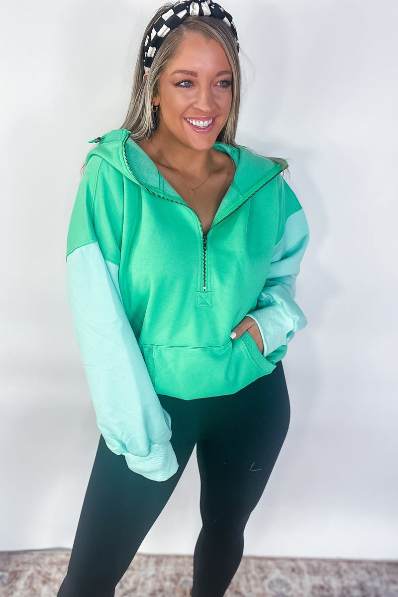 Color Block Hem Fleece Hoodie - Jade