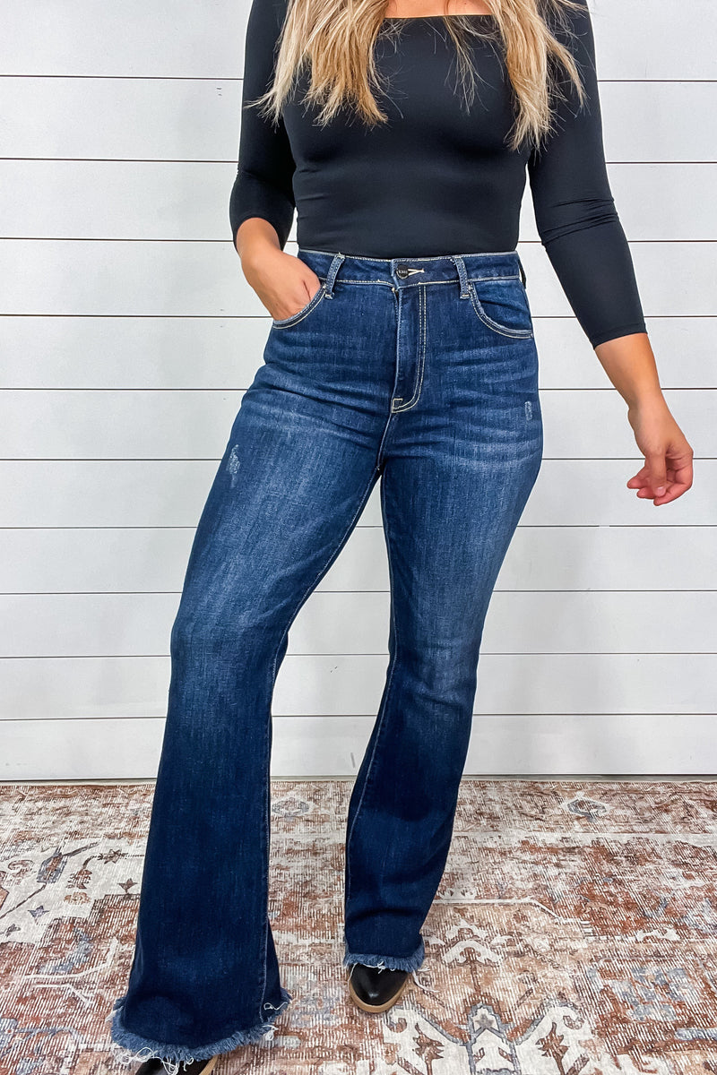 High Rise Vintage Frayed Hem Flare Jeans