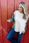 Festive Blooms - Stripe and Floral Color Block Long Sleeve Top