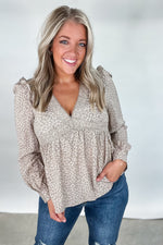 Flaunt Your Floral- Taupe Floral V-Neck Top w/ Lace Detail