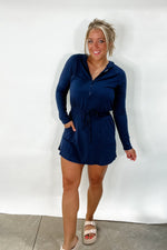 Getting Out Long Sleeve Hoodie Romper in Navy