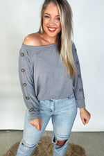 French Terry Button Sleeves Top - Charcoal