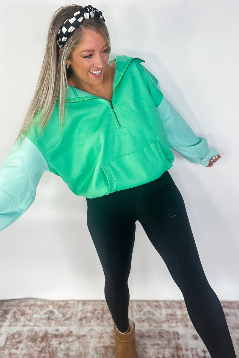 Color Block Hem Fleece Hoodie - Jade