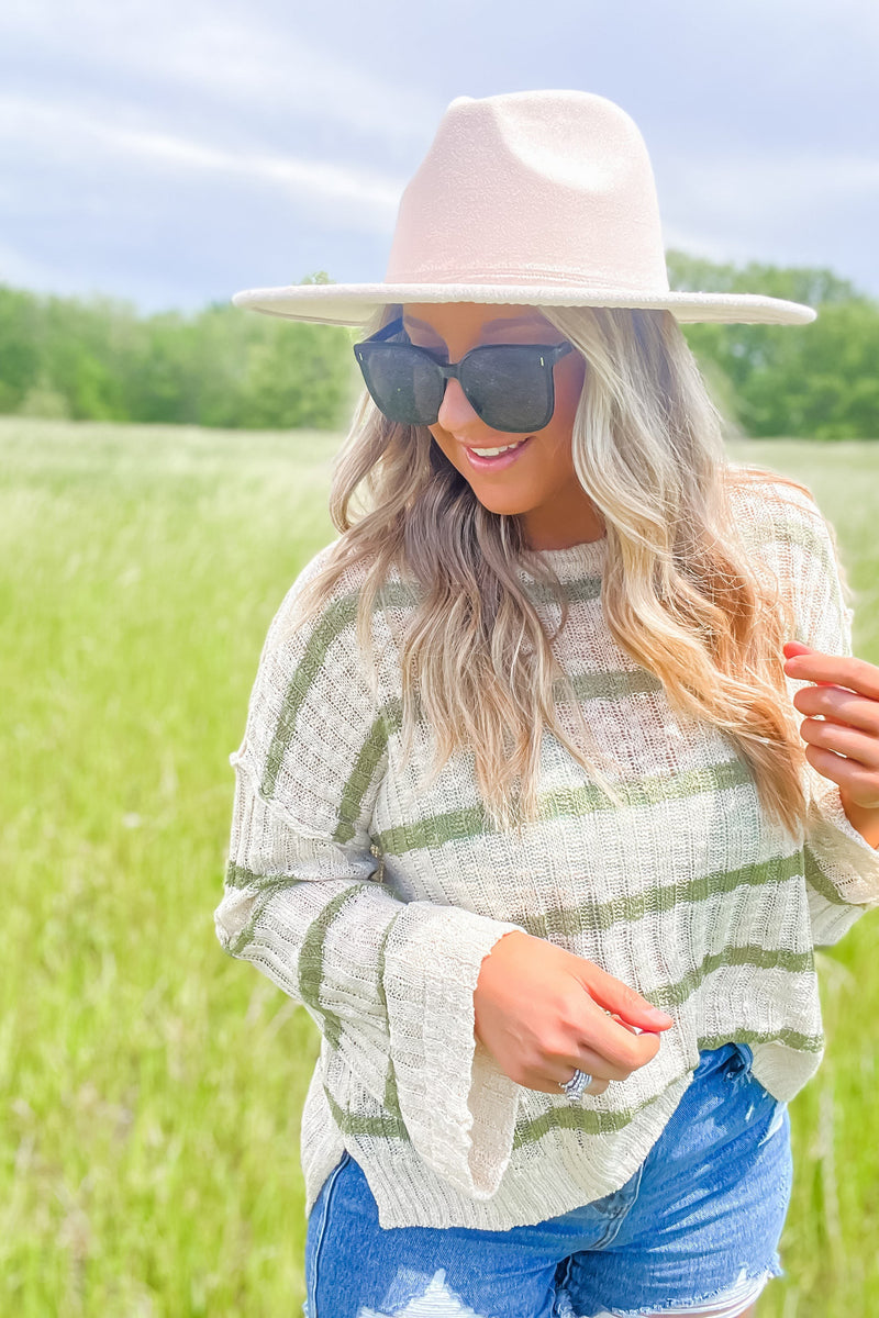 Knit It Right - Rib Texture Stripe Top - Cream & Olive