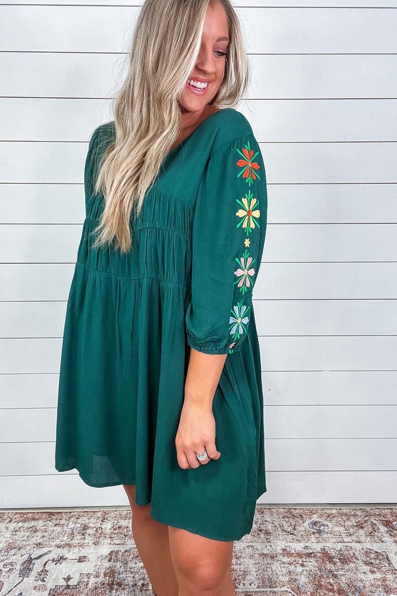 Embroidered Flowered Dress - Green