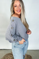 French Terry Button Sleeves Top - Charcoal