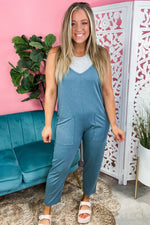 Run The Day - French Terry Jogger Fit Overall Jumpsuit - Denim Blue