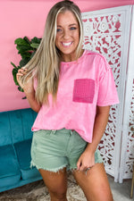 Pink Lace Patch Pocket Mineral Washed T Shirt