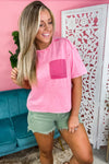 Pink Lace Patch Pocket Mineral Washed T Shirt