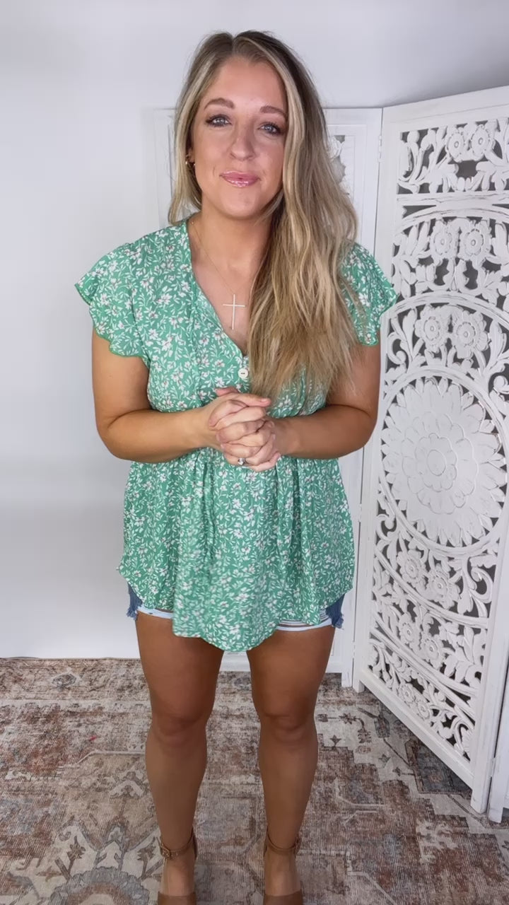 Flirty and Thriving Floral Flutter Sleeve Top in Green