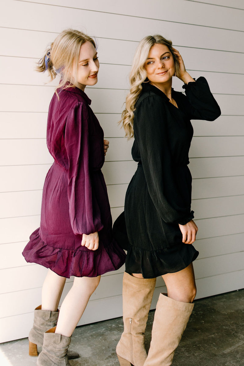 Pick It Up- {Merlot & Black} Wrap Ruffle Dress