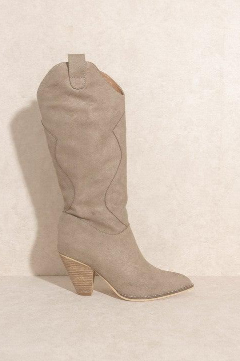 Sole Sistas- {Taupe & Camel} Suede Pointed Toe Tall Boots w/ Stitching Detail