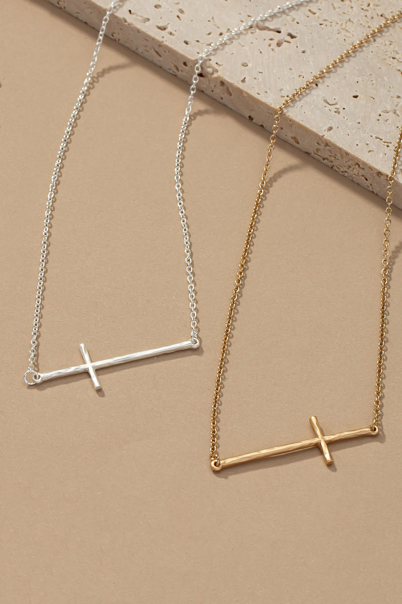 Hammered Sideways Cross Necklace - {Silver & Gold}