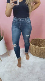 The Sophie's- High Rise Dark Wash Distressed Roll Up Skinnies
