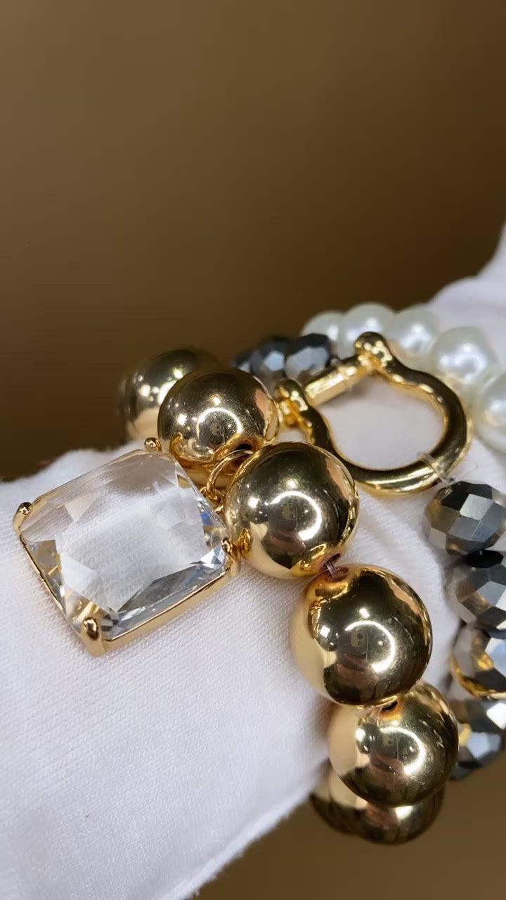 Lorelai- Gold & Charcoal Chunky Beaded Bracelet Set w/ Charm Detail