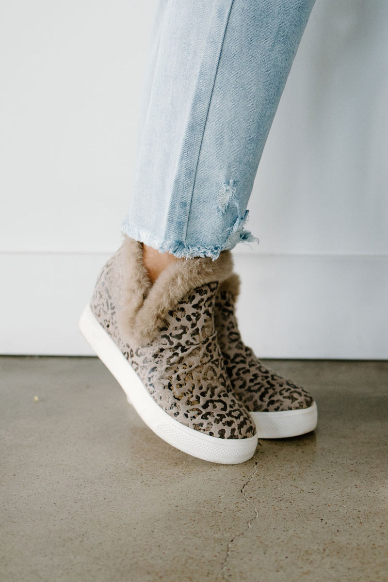 Getting Ahead- Taupe Leopard Fur Lined Wedge Sneakers