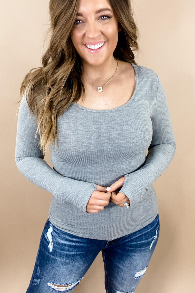 Sticking To It- {Black, Gray & Lilac} Ribbed Long Sleeve Top w/ Thumb Holes
