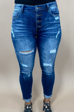 The Kylie's- Dark Wash Mid Rise Button Fly Distressed Skinny Jeans