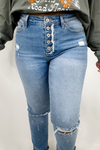 The Cassie's- Light Wash High Rise Distressed Mom Jeans w/ Frayed Button Detail