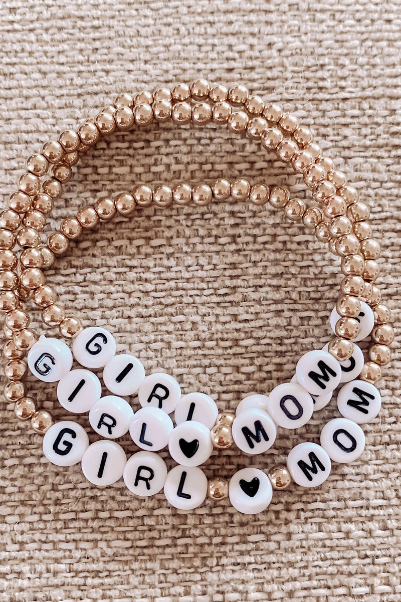 Girl Mom- Gold Beaded Letter Bracelet