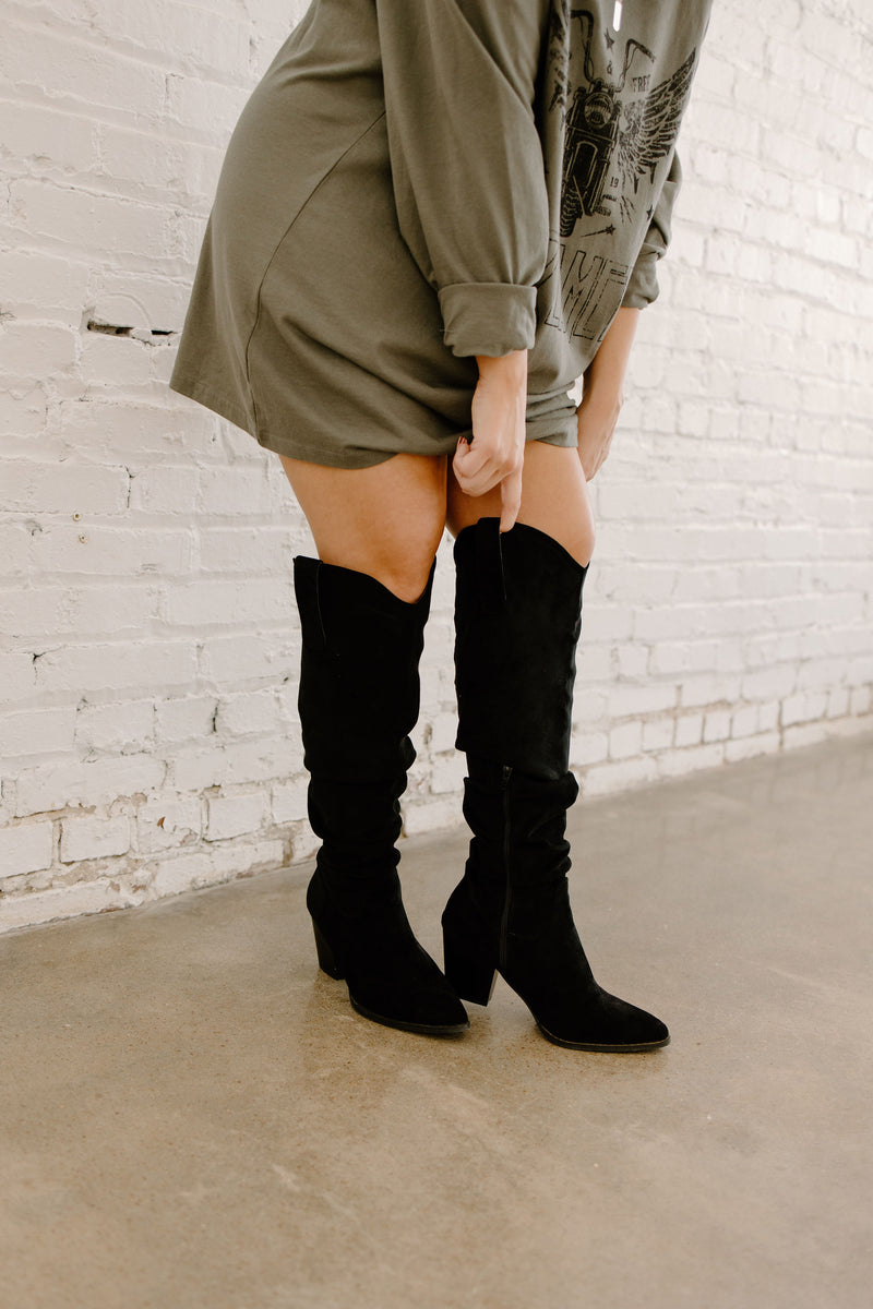 Stand Your Ground- {Black & Taupe} Tall Slouch Boots
